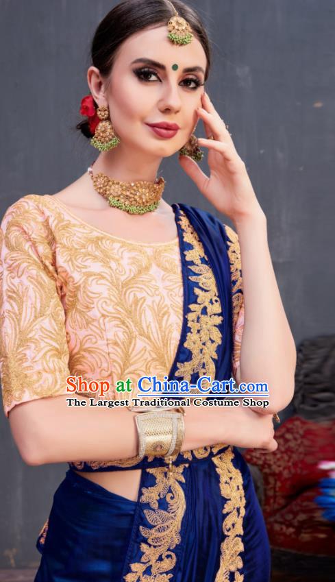 Indian Traditional Festival Royalblue Silk Sari Dress Asian India National Court Bollywood Costumes for Women