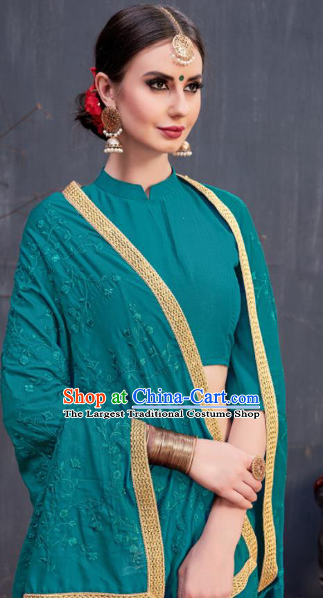 Indian Traditional Festival Lake Blue Sari Dress Asian India National Court Bollywood Costumes for Women