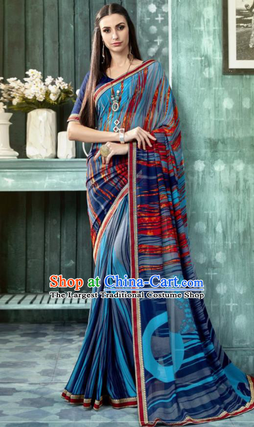 Indian Traditional Bollywood Printing Sari Blue Dress Asian India National Festival Costumes for Women