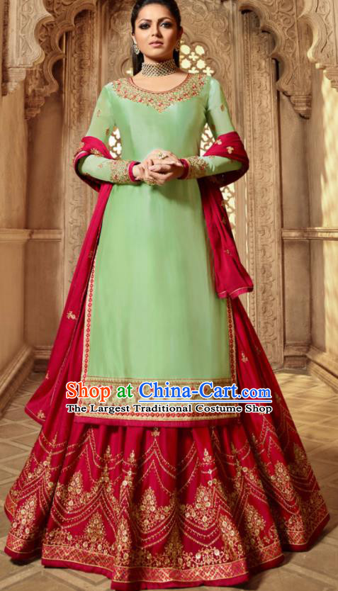 Asian Indian Embroidered Green Satin Blouse and Red Skirt India Traditional Lehenga Choli Costumes Complete Set for Women