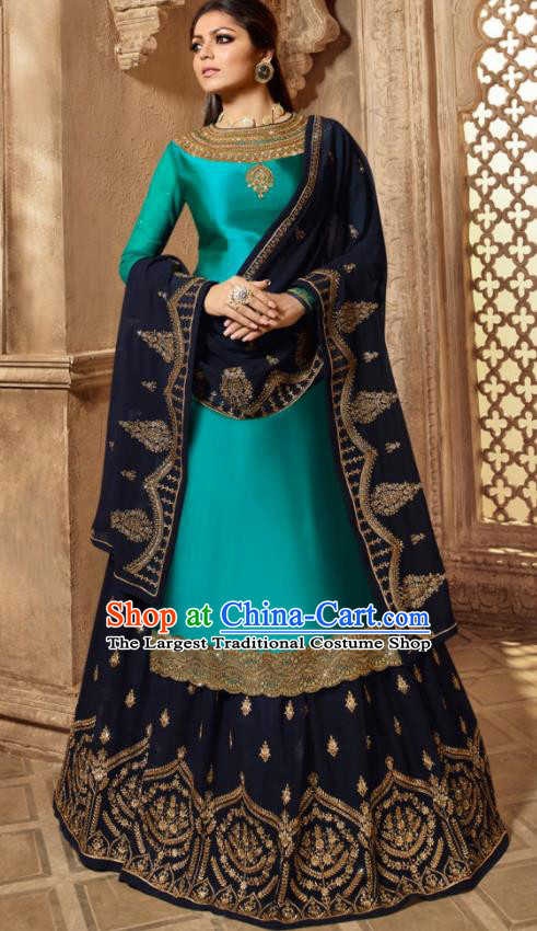 Asian Indian Embroidered Peacock Green Satin Blouse and Navy Skirt India Traditional Lehenga Choli Costumes Complete Set for Women