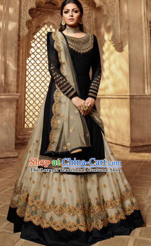 Asian Indian Embroidered Black Satin Blouse and Apricot Skirt India Traditional Lehenga Choli Costumes Complete Set for Women