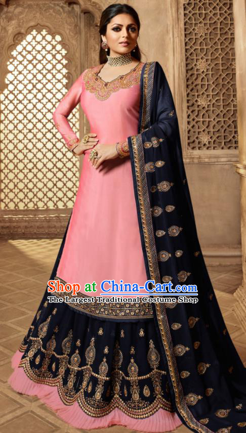 Asian Indian Embroidered Pink Satin Blouse and Navy Skirt India Traditional Lehenga Choli Costumes Complete Set for Women