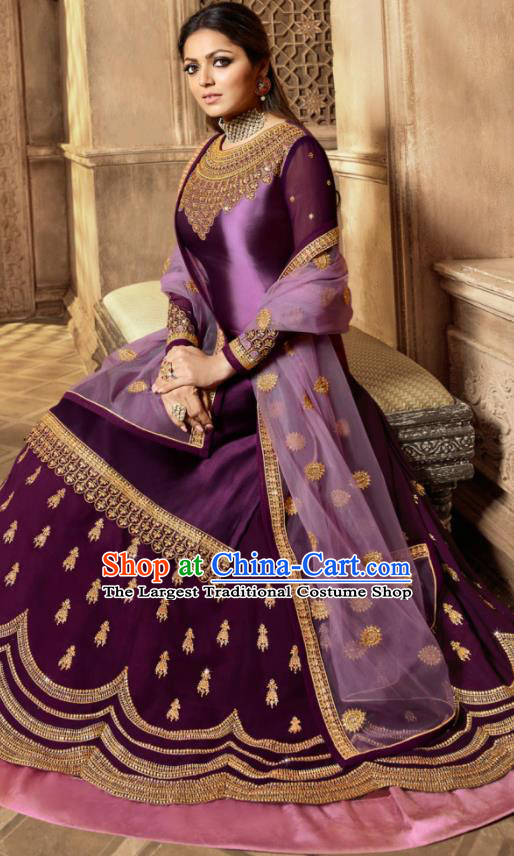 Asian Indian Embroidered Purple Satin Blouse and Skirt India Traditional Lehenga Choli Costumes Complete Set for Women