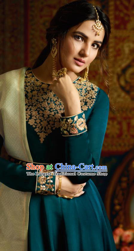 Indian Traditional Festival Peacock Blue Satin Anarkali Dress Asian India National Court Bollywood Costumes for Women