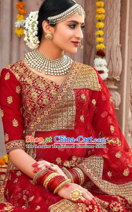 Indian Traditional Wedding Bride Lehenga Red Embroidered Dress Asian India National Court Bollywood Costumes for Women