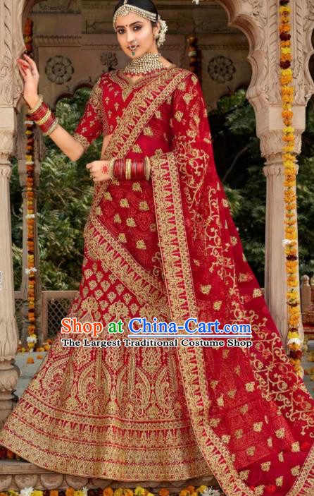 Indian Traditional Wedding Lehenga Court Bride Red Embroidered Dress Asian India National Bollywood Costumes for Women