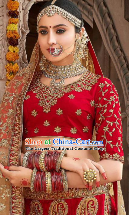 Traditional Indian Wedding Lehenga Court Bride Red Embroidered Dress Asian India National Bollywood Costumes for Women