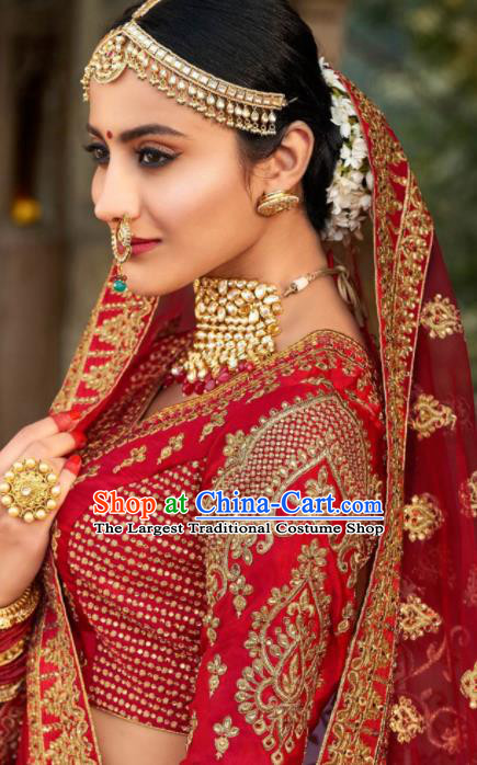 Indian Traditional Wedding Lehenga Court Bride Red Embroidered Dress Asian India National Bollywood Costumes for Women