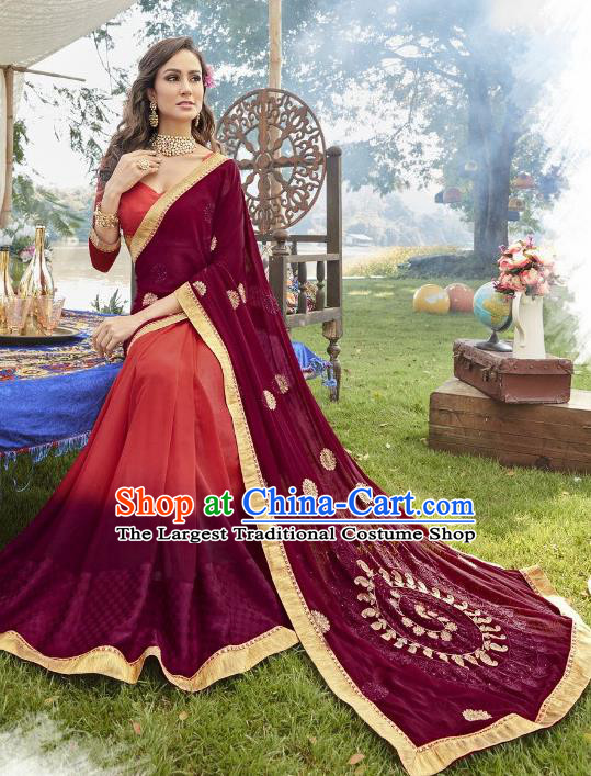 Traditional Indian Embroidered Purple Georgette Sari Dress Asian India National Bollywood Costumes for Women