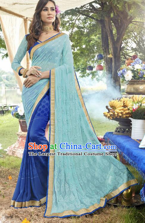 Traditional Indian Embroidered Royalblue and Blue Georgette Sari Dress Asian India National Bollywood Costumes for Women