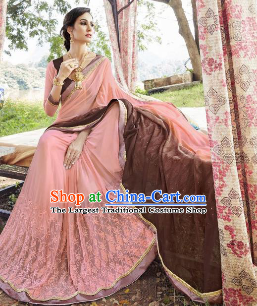Traditional Indian Embroidered Pink and Brown Georgette Sari Dress Asian India National Bollywood Costumes for Women