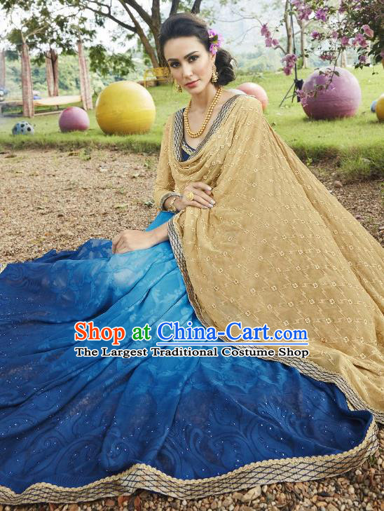 Traditional Indian Embroidered Ginger and Blue Georgette Sari Dress Asian India National Bollywood Costumes for Women