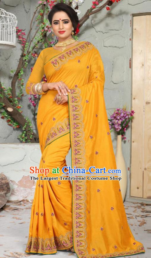 Traditional Indian Embroidered Yellow Silk Sari Dress Asian India National Bollywood Costumes for Women