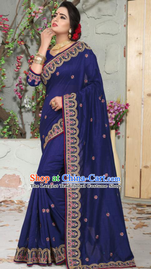 Traditional Indian Embroidered Navy Silk Sari Dress Asian India National Bollywood Costumes for Women