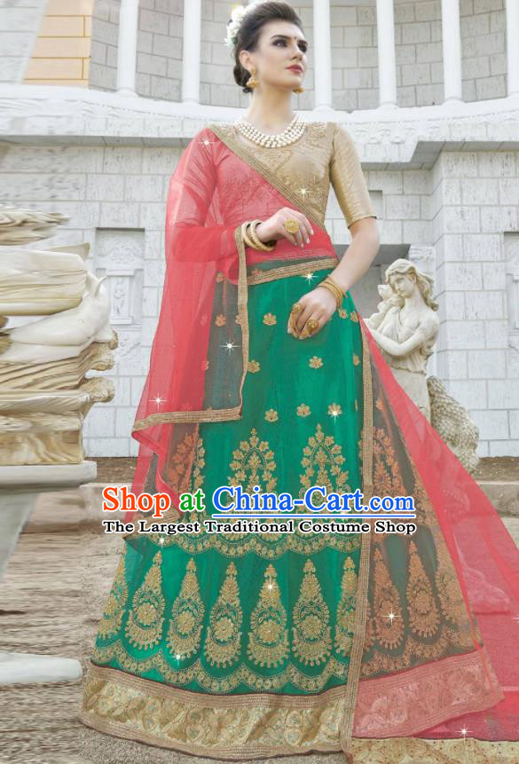 Traditional Indian Embroidered Lehenga Green Dress Asian India National Bollywood Costumes for Women