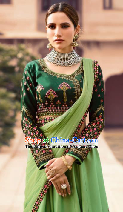 Traditional Indian Embroidered Lehenga Green Silk Dress Asian India National Bollywood Costumes for Women