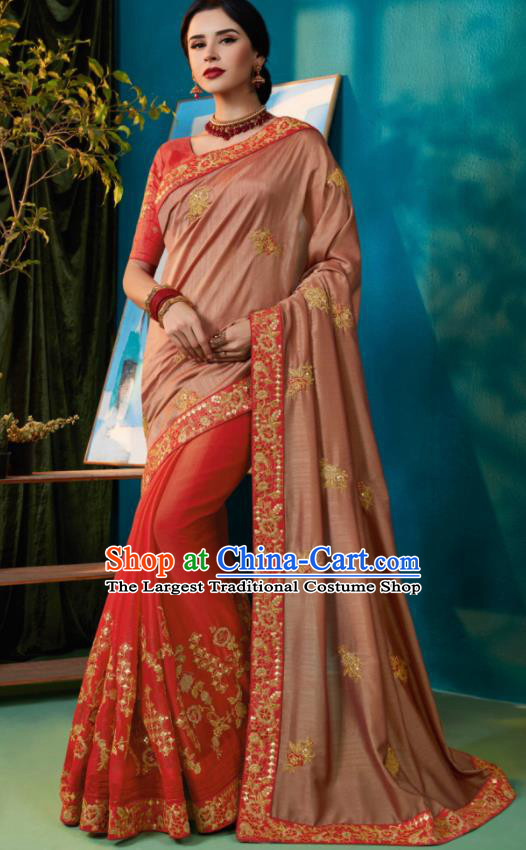 Traditional Indian Sari Embroidered Pink and Red Silk Dress Asian India National Bollywood Costumes for Women