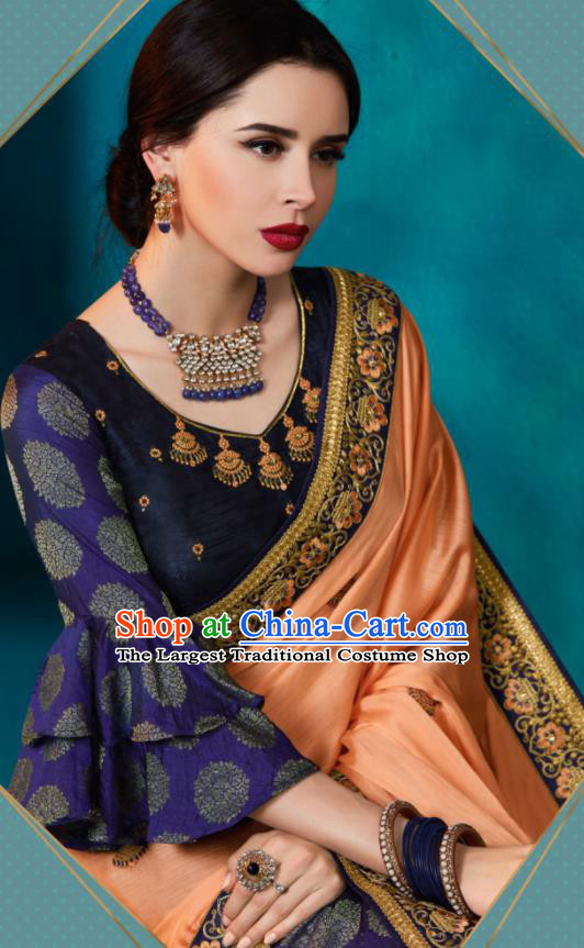Traditional Indian Sari Embroidered Purple and Orange Silk Dress Asian India National Bollywood Costumes for Women
