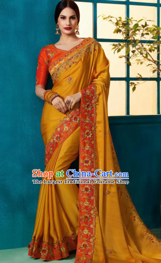 Traditional Indian Sari Embroidered Ginger Silk Dress Asian India National Bollywood Costumes for Women