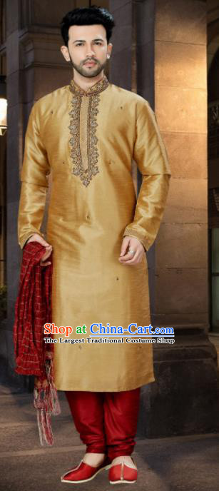 Asian Indian Sherwani Wedding Embroidered Golden Clothing India Traditional Bridegroom Costumes Complete Set for Men