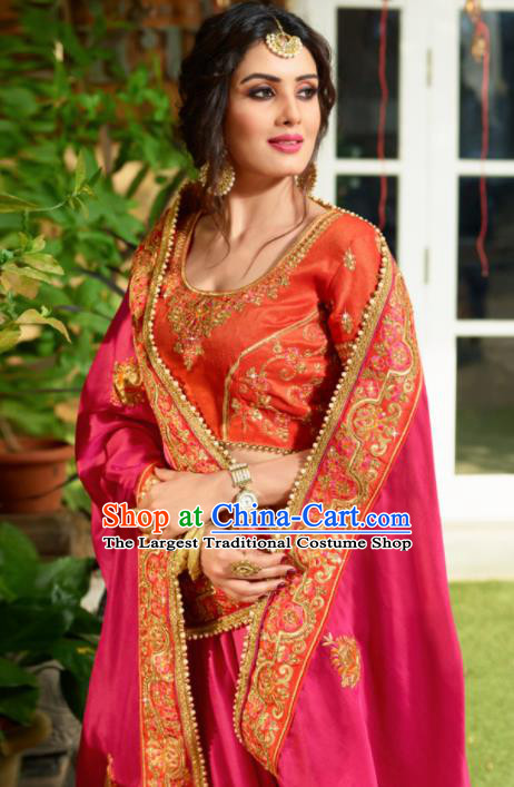 Traditional Indian Court Bride Embroidered Rosy Sari Dress Asian India National Bollywood Costumes for Women