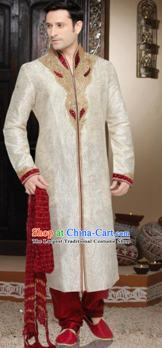 Asian Indian Sherwani Bridegroom Embroidered Apricot Clothing India Traditional Wedding Costumes Complete Set for Men