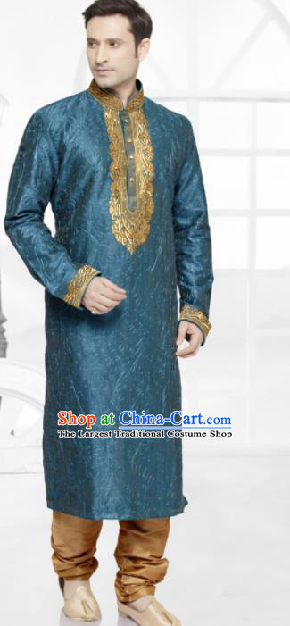 Asian Indian Sherwani Bridegroom Embroidered Peacock Blue Clothing India Traditional Wedding Costumes Complete Set for Men