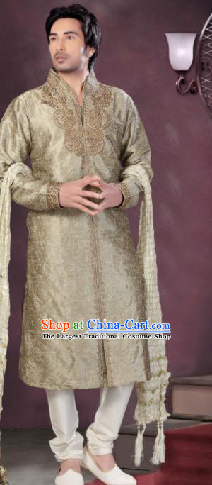 Asian Indian Sherwani Bridegroom Embroidered Khaki Clothing India Traditional Wedding Costumes Complete Set for Men