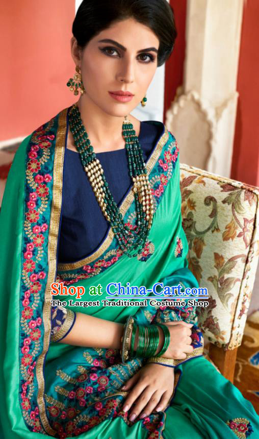 Traditional Indian Court Queen Embroidered Green Silk Sari Dress Asian India National Bollywood Costumes for Women