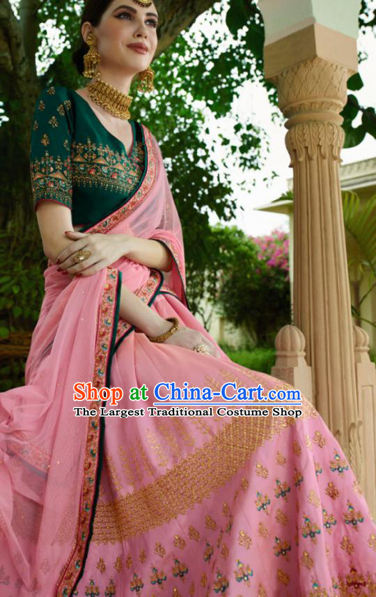 Traditional Indian Court Queen Embroidered Pink Georgette Sari Dress Asian India National Bollywood Costumes for Women