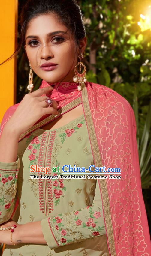 Traditional Indian Lehenga Embroidered Light Green Georgette Blouse and Pants Asian India Punjab National Costumes for Women
