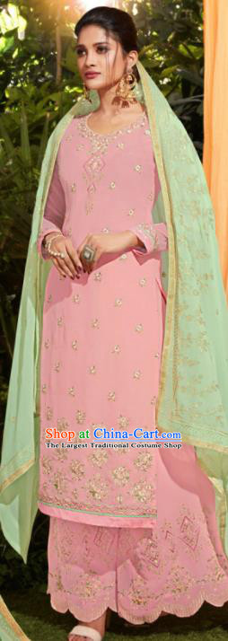 Traditional Indian Lehenga Embroidered Light Pink Georgette Blouse and Pants Asian India Punjab National Costumes for Women