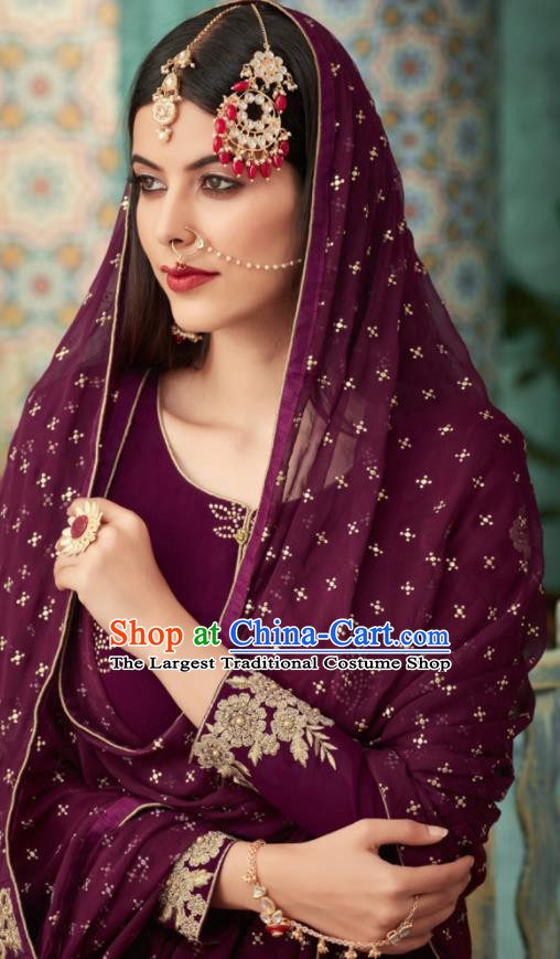 Traditional Indian Punjab Lehenga Embroidered Purple Georgette Blouse and Pants Asian India National Costumes for Women