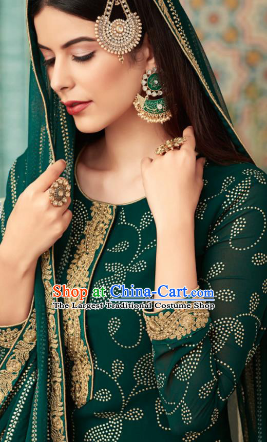 Traditional Indian Punjab Lehenga Embroidered Green Georgette Blouse and Pants Asian India National Costumes for Women