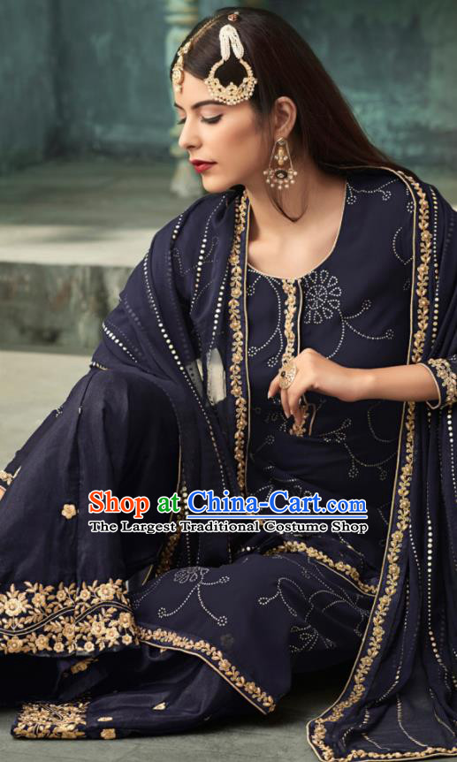 Traditional Indian Punjab Lehenga Embroidered Navy Georgette Blouse and Pants Asian India National Costumes for Women