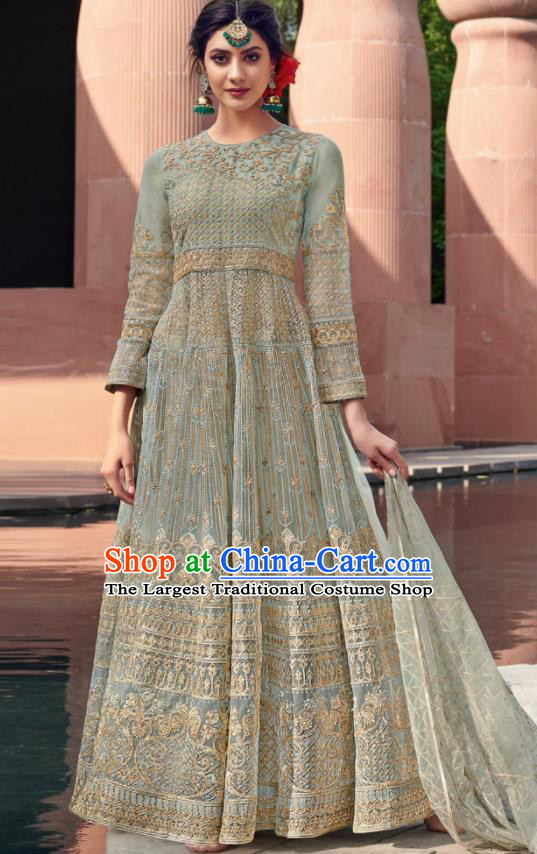 Traditional Indian Embroidered Grass Green Anarkali Dress Asian India National Costumes for Women