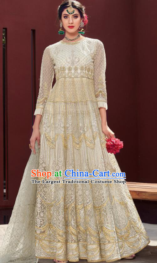 Traditional Indian Embroidered Beige Anarkali Dress Asian India National Costumes for Women