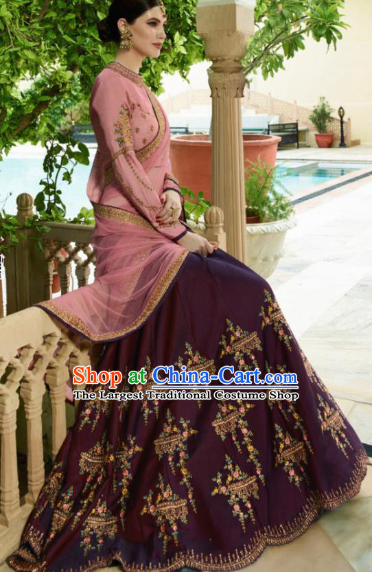 Traditional Indian Lehenga Pink Silk Dress Asian India National Bride Costumes for Women