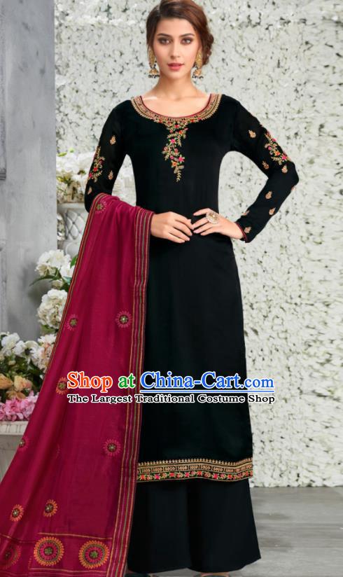 Traditional Indian Lehenga Embroidered Black Blouse and Pants Asian India Punjab National Costumes for Women