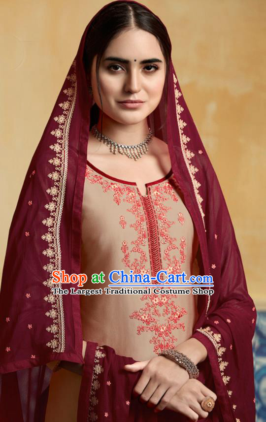 Traditional Indian Punjab Apricot Satin Blouse and Wine Red Pants Asian India National Costumes for Women