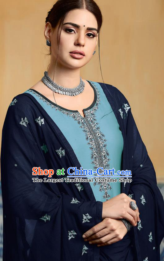 Traditional Indian Punjab Blue Satin Blouse and Navy Pants Asian India National Costumes for Women