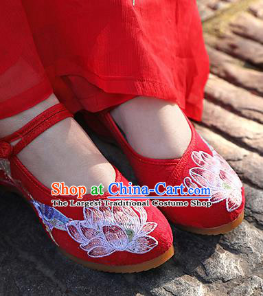 Chinese National Embroidered Lotus Red Shoes Traditional Hanfu Shoes Opera Shoes Wedding Bride Shoes for Women