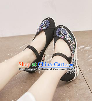 Chinese National Embroidered Phoenix Black High Heels Shoes Traditional Hanfu Shoes Opera Shoes Wedding Bride Shoes for Women