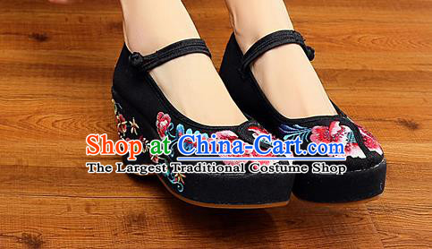 Chinese National Embroidered Black High Heels Shoes Traditional Hanfu Shoes Opera Shoes Wedding Bride Shoes for Women