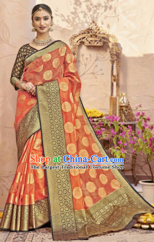 Traditional Indian Orange Sari Dress Asian India National Bollywood Costumes for Women