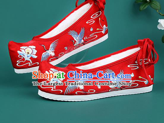 Chinese National Winter Embroidered Crane Red Brushed Shoes Traditional Hanfu Shoes Princess Shoes Opera Shoes for Women