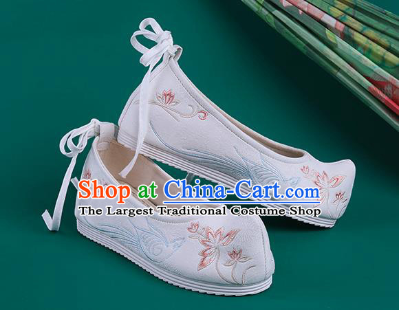 Chinese Traditional Embroidered Bird Lotus White Shoes Hanfu Shoes Princess Shoes for Women