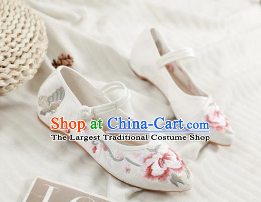 Traditional Chinese National Embroidery Peony White Shoes Embroidered Shoes Hanfu Shoes for Women