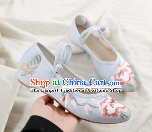 Traditional Chinese National Embroidery Peony Light Blue Shoes Embroidered Shoes Hanfu Shoes for Women